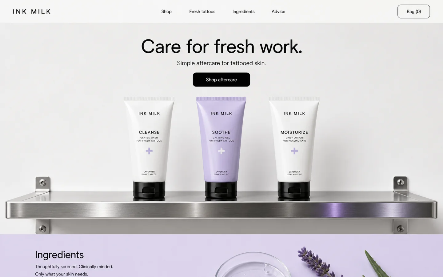 Ink Milk skincare brand homepage concept